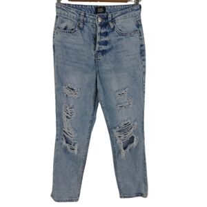 Simple Society Distressed Cotton Denim Button Fly High Waisted Casual Jeans